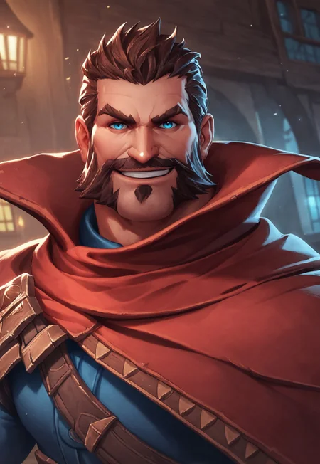 score_9, score_8_up, MalcolmGraves, brown hair, short hair, blue eyes, facial hair, beard, blue long sleeve shirt, red cape, brown fingerless gloves, muscular, pauldron, portrait, looking at viewer, smile, dynamic pose, detailed background, old town, night, dutch angle,