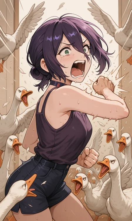 embedding:IllusP0s, goose ambush, 6+ geese, reze, ><, screaming, punching,<lora:goose ambush_illustrious.safetensors:1.0:1.0>