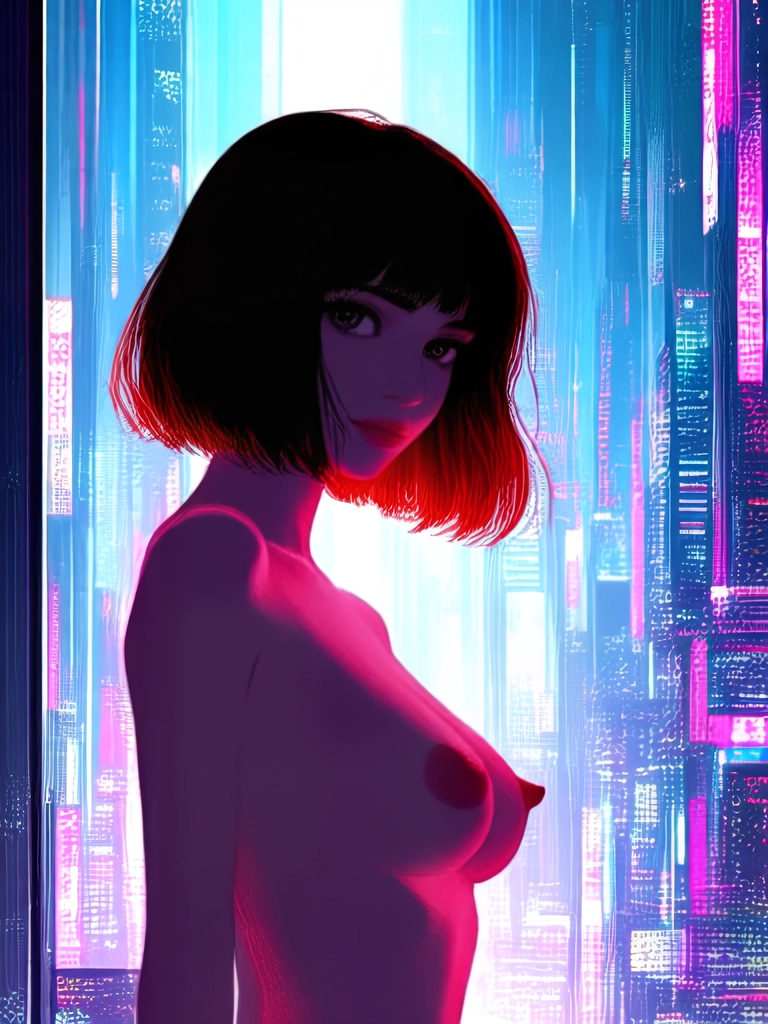 An animated painting in impressionistic style with bold brush strokes about the side silhouette of a beautiful woman with pretty eyes and shorter brown hair and large bare breasts with large nipples. She is posing in a artistic way at the window.  in a cyberpunk city with gigantic neon lit buildings. She turns her head directly at the viewer.