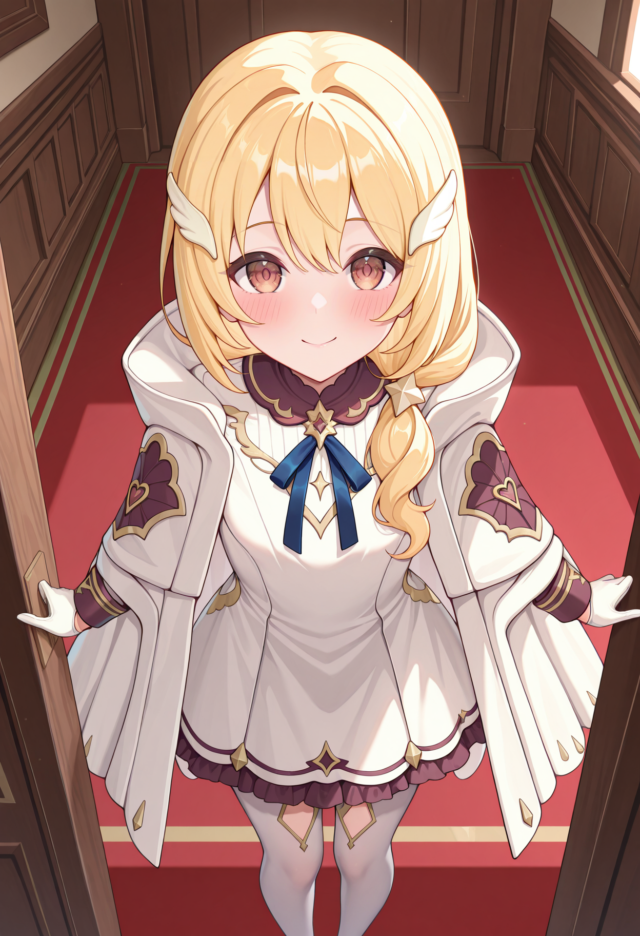 highres, best quality, masterpiece, indoors,
1girl, solo, pcrclear, blonde hair, brown eyes,
kuriadef, wing hair ornament, low ponytail, white cloak, white dress, blue ribbon, long sleeves, gloves, white pantyhose, pantyhose cutout,
looking at viewer, blush, smile,
standing, from above,
<lora:_clear_pcr-elesico-ilxl-000014:1>
