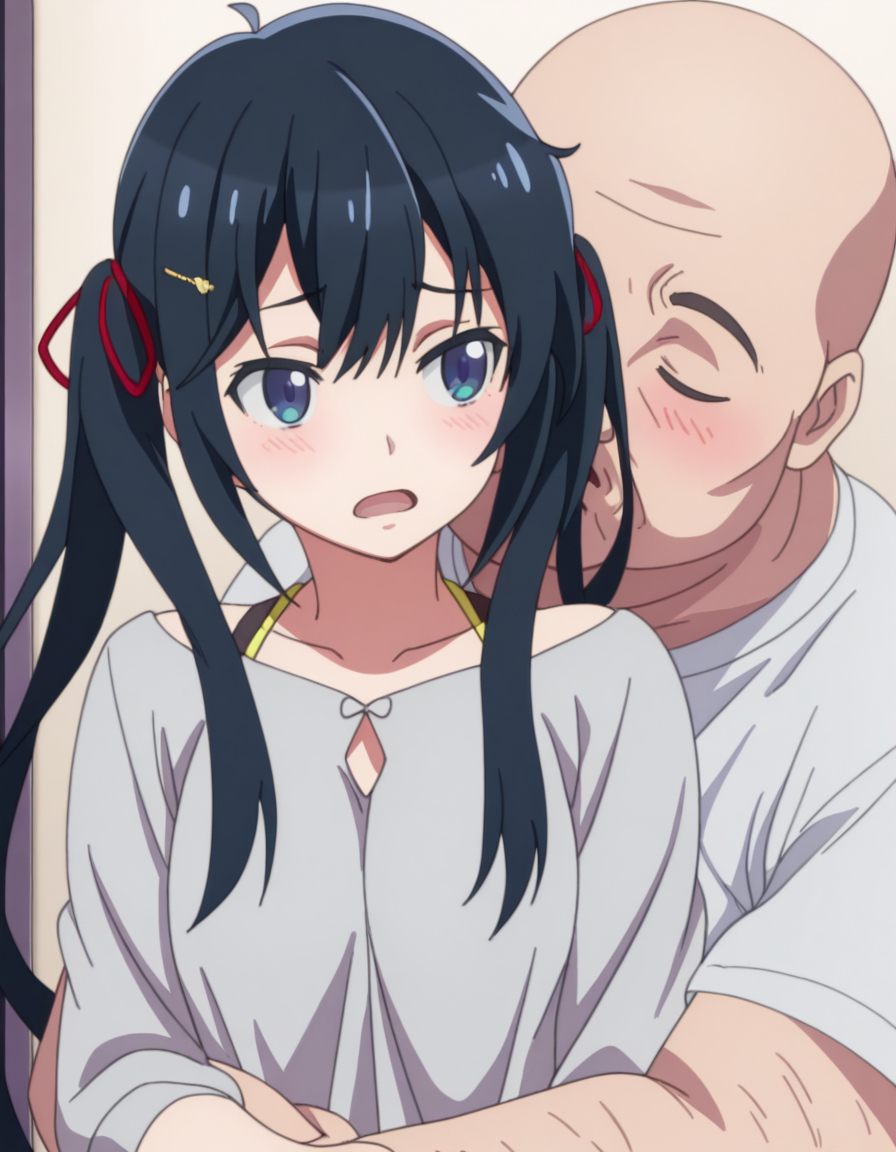 masterpiece, best quality, amazing quality,, <lora:konoha-hoshinomori-s1-illustriousxl-lora-nochekaiser:1>, konoha hoshinomori, long hair, blue eyes, black hair, ribbon, twintails, hair ribbon, hair clip, mature female, small breasts, anime screencap, <lora:kissing-neck-illustriousxl-lora-nochekaiser:1>, kissing neck, open mouth, holding, hetero, hug, kiss, hug from behind, blush, looking at another, closed eyes, head on another's shoulder, <lora:faceless-ugly-man-illustriousxl-lora-nochekaiser:1>, faceless ugly man, faceless, ugly man, faceless male, fat man, bald, mature male,