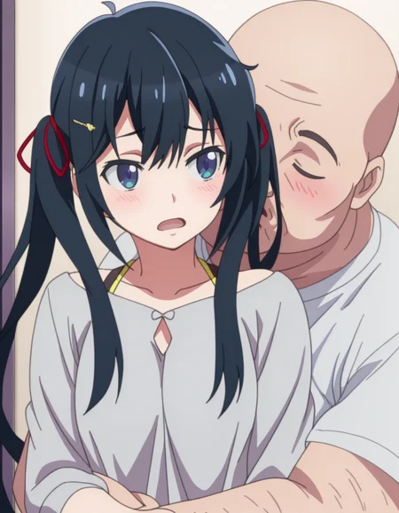 masterpiece, best quality, amazing quality,, <lora:konoha-hoshinomori-s1-illustriousxl-lora-nochekaiser:1>, konoha hoshinomori, long hair, blue eyes, black hair, ribbon, twintails, hair ribbon, hair clip, mature female, small breasts, anime screencap, <lora:kissing-neck-illustriousxl-lora-nochekaiser:1>, kissing neck, open mouth, holding, hetero, hug, kiss, hug from behind, blush, looking at another, closed eyes, head on another's shoulder, <lora:faceless-ugly-man-illustriousxl-lora-nochekaiser:1>, faceless ugly man, faceless, ugly man, faceless male, fat man, bald, mature male,