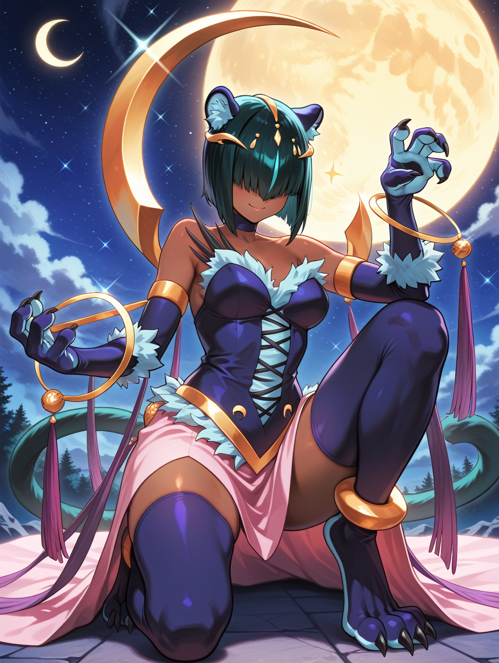 lunalight panther dancer,1girl,solo,dark-skinned female,full moon,panther girl,purple choker,on one knee,sky,full body,sparkle,night,smile,star,gold anklet,medium breasts,crescent moon,purple thighhighs,purple elbow gloves,gold hair ornament,gold bangle,purple dress,hair over eyes,
masterpiece,best quality,amazing quality,very aesthetic,absurdres,newest,<lora:Serena and Lunalight part A illuXL v1.2:0.8>,