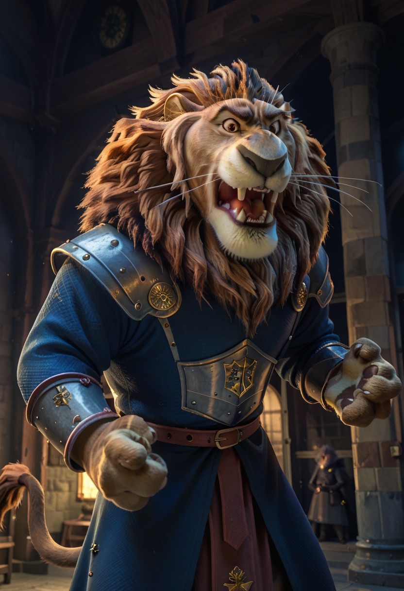 score_9, score_8_up, score_7_up, 
rating_safe, looking at viewer, 
roaring, action pose,
Lionheart, furry male, solo, lion, brown fur, brown eyes, whiskers, lion tail,
medieval armor, 
medieval castle, hall, columns, cobwebs, indoors,  ((night time)),  warm lighting,