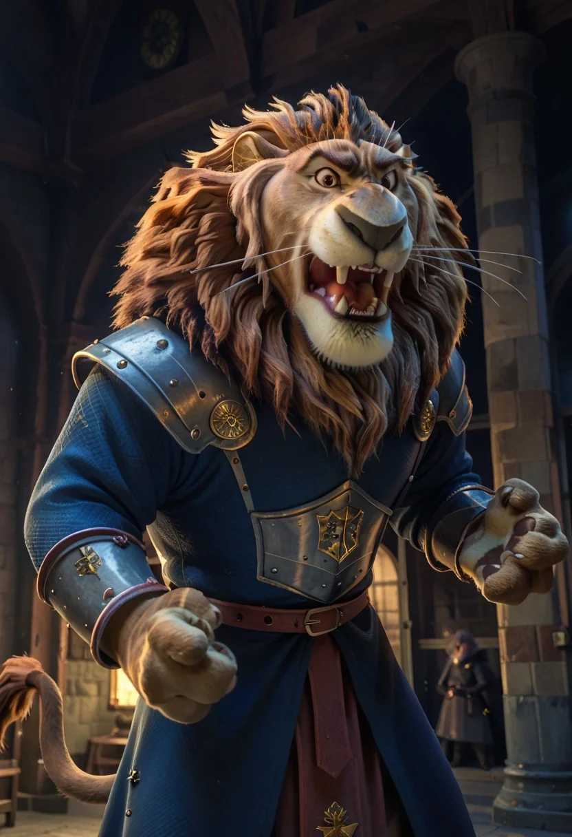 score_9, score_8_up, score_7_up,
rating_safe, looking at viewer,
roaring, action pose,
Lionheart, furry male, solo, lion, brown fur, brown eyes, whiskers, lion tail,
medieval armor,
medieval castle, hall, columns, cobwebs, indoors, ((night time)), warm lighting,
