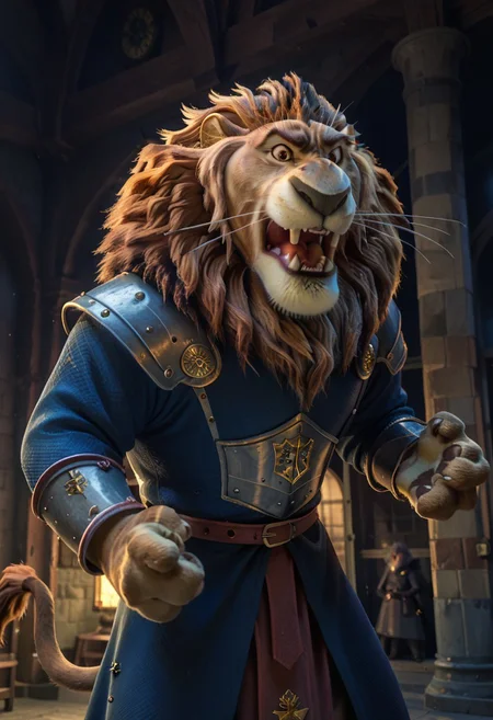 score_9, score_8_up, score_7_up,
rating_safe, looking at viewer,
roaring, action pose,
Lionheart, furry male, solo, lion, brown fur, brown eyes, whiskers, lion tail,
medieval armor,
medieval castle, hall, columns, cobwebs, indoors, ((night time)), warm lighting,