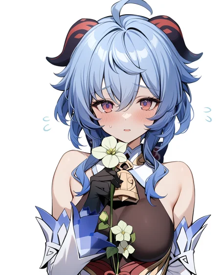 masterpiece,best quality,<lora:ganyu_new:1>,1girl, ganyu \(genshin impact\), solo, qingxin flower, detached sleeves, blush, looking at viewer, bare shoulders, white flower, white sleeves, neck bell, black gloves, gold trim, vision \(genshin impact\), flower knot, chinese knot, holding flower, upper body, white background, flying sweatdrops