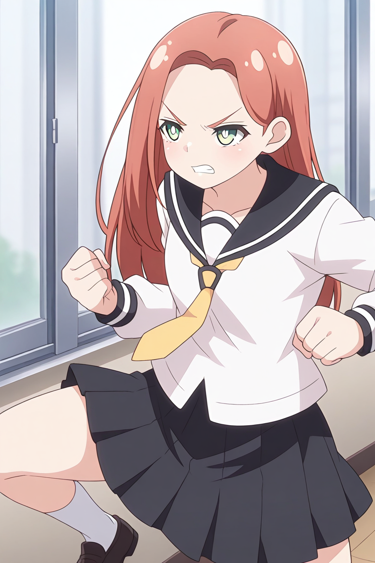 1girl, solo, kyoukolylustea, red hair, parted bangs, long hair, green eyes, white pupils, bright pupils, white shirt, black sailor collar, yellow necktie, black skirt, school, uniform, socks, loafers, clenched fists, fighting stance, angry,