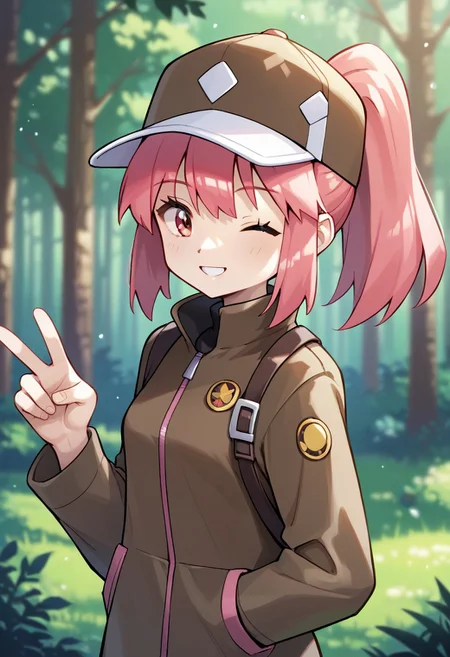 (source_anime, score_9, score_8_up, score_7_up:1), 1girl, solo, pink hair, ponytail, bangs, hat, looking at viewer, smile, one eye closed, jacket, outdoors, forest