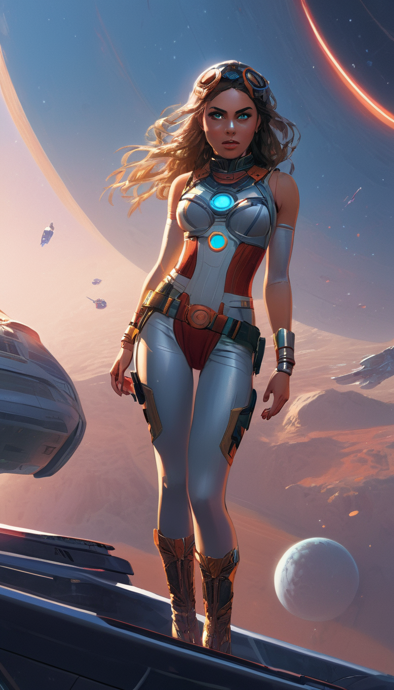 Stunning female in exotic outfit inside a spaceship, accompanied by a giant wildcat, extremely beautiful piercing eyes, sci-fi, cinematic scene, hero view, action pose, scenery, detailed background, masterpiece, best quality, high quality, absurdres, very detailed, high resolution, sharp image, intricate, 8k, vivid, colorful, sillage comic <lora:sillage_xl_v1:1>,  Toni Infante <lora:toni_infante_xl_v1:1>