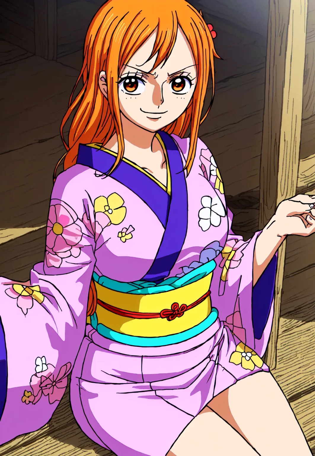 1girl, wanostyle, nami, ((masterpiece)), ((best quality)), extremely detailed, bloom,  illustration, kimono, traditional_clothing, depth of field, sweet smile, dark intense shadows, sharp focus, soft lighting, hdr, colorful, good composition, solo, anime style