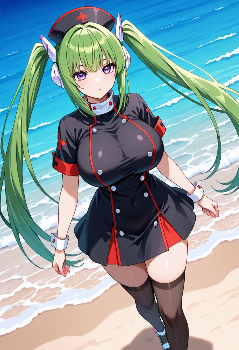 general,highres, ultra-detailed,very aesthetic,best quality ,best hands,best eyes,easynegative,
dynamic anglre, dutch angle, anime cloring,
1girl solo,looking at viewer,sea,beach,walking, 
Quin,purple eyes, green hair, long_hair, long twintails, black nurse cap, robot ears,huge_breasts,Black dress,