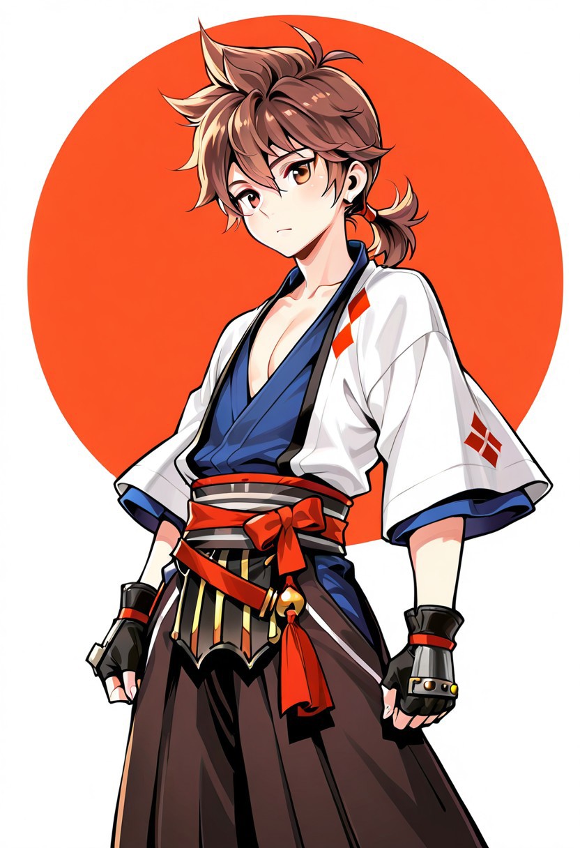 ace \(seven knights\), younglord, brown hair, brown eyes, looking at viewer, japanese clothes, simple hakama, fingerless gloves