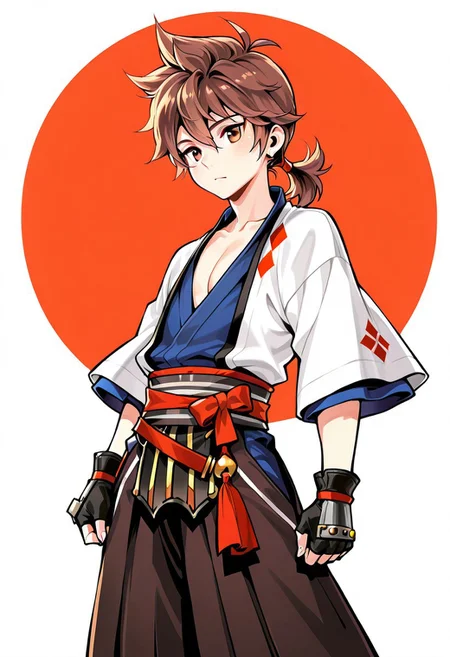 ace \(seven knights\), younglord, brown hair, brown eyes, looking at viewer, japanese clothes, simple hakama, fingerless gloves