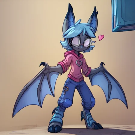 score_9, score_8_up, score_7_up,
, Dreamkeepers,vanth, solo,1girl,blue hair,standing,full body,female focus,heart,wings,horns,glasses,no humans,bat wings,
,<lora:dreamkeepers_multiple_Characters:0.8>,