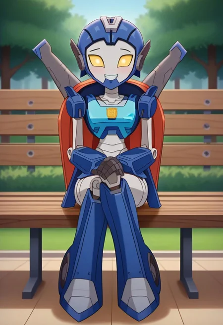 Whirl_(RBA), 1girl, Robot, mecha, sitting, bench, sitting on bench, hands on own knees, hands on knees, yellow sclera, white pupils, slim legs, slim waist, metal skin, blue plating, looking at viewer, no humans, transformer, autobot, cartoon style, cartoon source, full body, android, outdoors, park, clenched teeth, crossed legs, legs crossed,