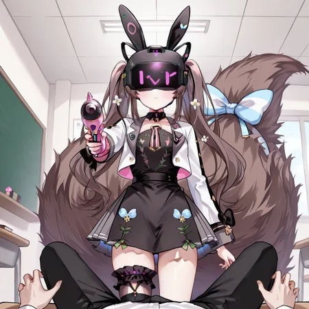 highres, masterpiece, best quality, very aesthetic, absurdres, (1girl),1boy, chigusa hana, virtual youtuber, long hair, brown hair, twintails, animal ears, , hair ornament, cropped jacket, long sleeves, white jacket, collar, flower, black dress, pleated skirt, large tail, bridal garter, striped, single thighhigh, asymmetrical legwear, tail bow empty eyes,  expressionless, school, classroom,  looking at viewer, (memetic_control), pov_sub, (hypnotized_hypnotist),, (hypnotized_dom), (enemy_conversion), resisting, zzkovisor,hypnotic visor, helmet, rabbit ears, :),  femdom, stepped_on,male sub, ray gun, aiming_at_viewer, (hypnotic_beam), (hypnotic_accessory)(kronobas28,),