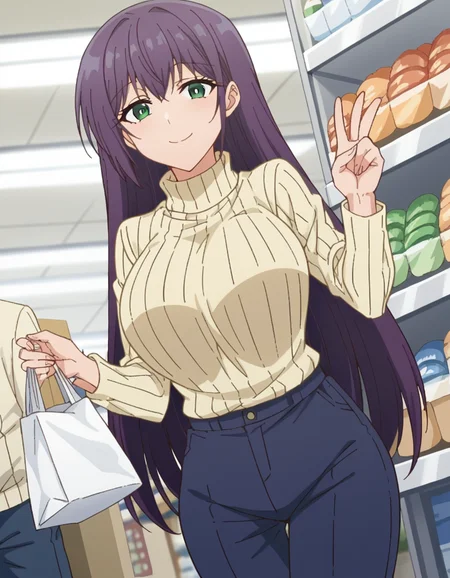score_9, score_8_up, score_7_up, source_anime, <lora:yutaka-shinozaki-s1-ponyxl-lora-nochekaiser:1>, yutaka shinozaki, long hair, bangs, very long hair, green eyes, purple hair,, large breasts, mature female, long sleeves, pants, sweater, turtleneck, ribbed sweater, turtleneck sweater, blue pants, white sweater, grocery store, cashier, shopping bag, scanning items, small talk, everyday routine, smile, v, v over eyes,, looking at viewer, solo,, dutch angle, cowboy shot
