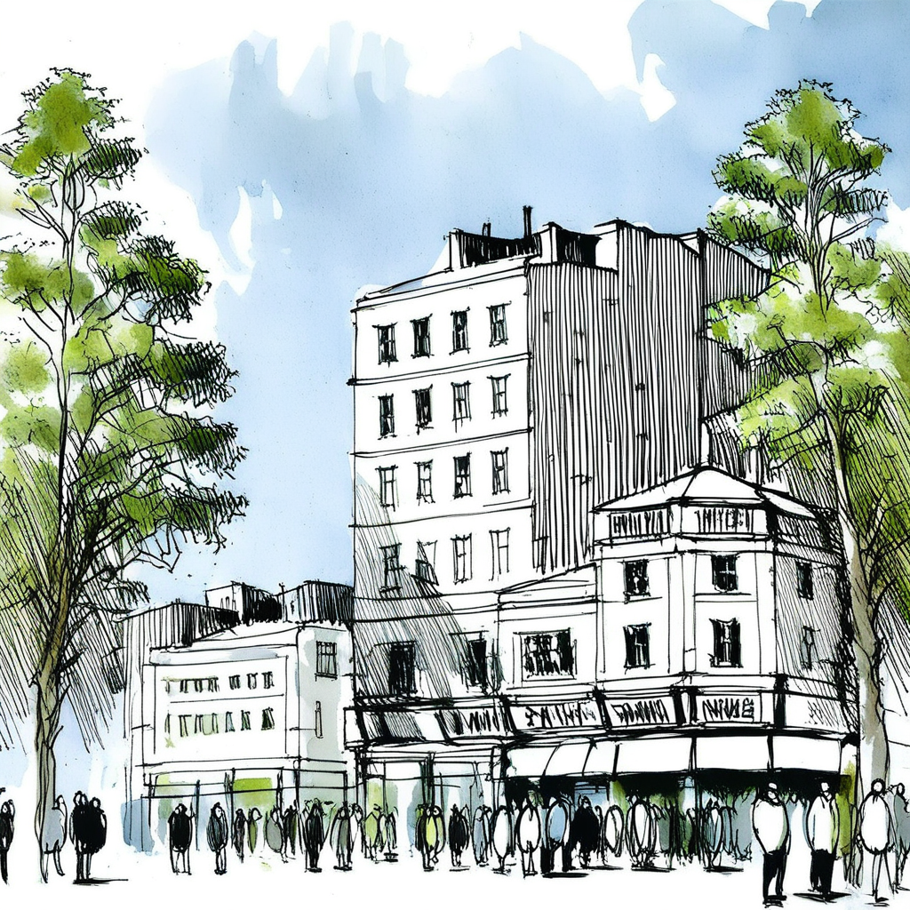 archdrafting, drafting of building, urban, street, tree, people,
