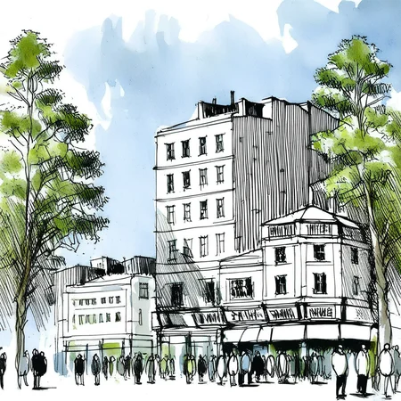 archdrafting, drafting of building, urban, street, tree, people,