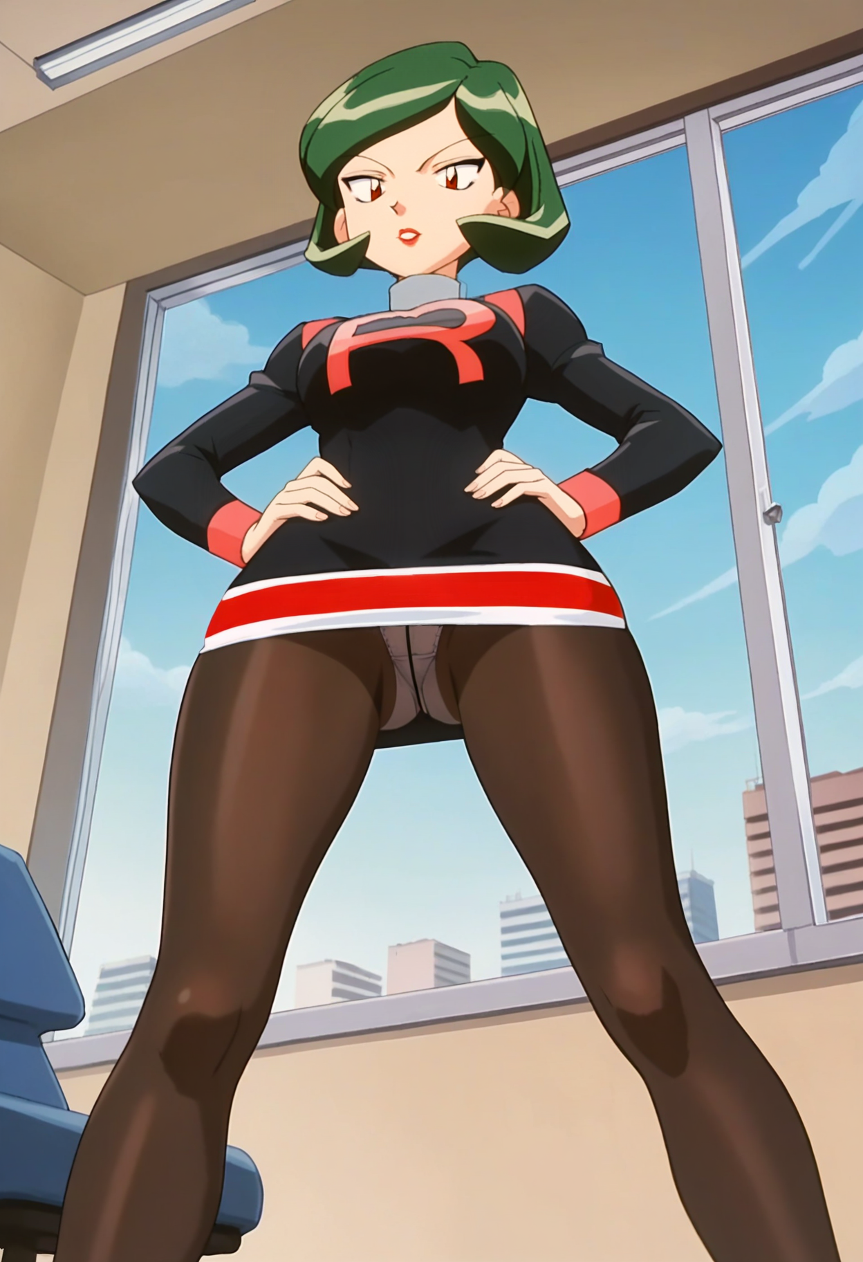score_9, score_8_up, score_7_up, score_6_up, anime screencap, anime coloring, <lora:PMWendy:0.9>, PMWendy, green hair, bangs, red eyes, short hair, lipstick,
team rocket, short dress, black dress, turtleneck, brown pantyhose, high heels, black footwear,
standing, legs apart, looking at viewer, solo, hand on own hip, from below, ass visible through thighs, panties under pantyhose, 
BREAK, cityscape, day, window, office, indoors,