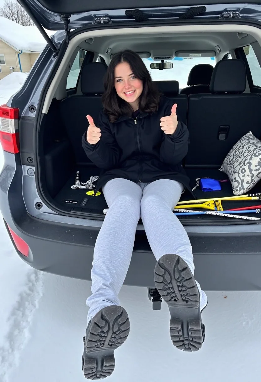 Young woman, early 20s, european descent, black jacket, light gray sweatpants, casual style, sitting in car trunk, legs extended out in front of her, feet prominently in the foreground, playful pose, dark wavy hair, minimal makeup, holding thumbs-up gesture with left hand, lacrosse sticks and a patterned pillow in the trunk, snowy outdoor setting, overcast sky, visible house with snow-covered roof in background, slightly cluttered car interior. Image has sharp focus, proper exposure.,