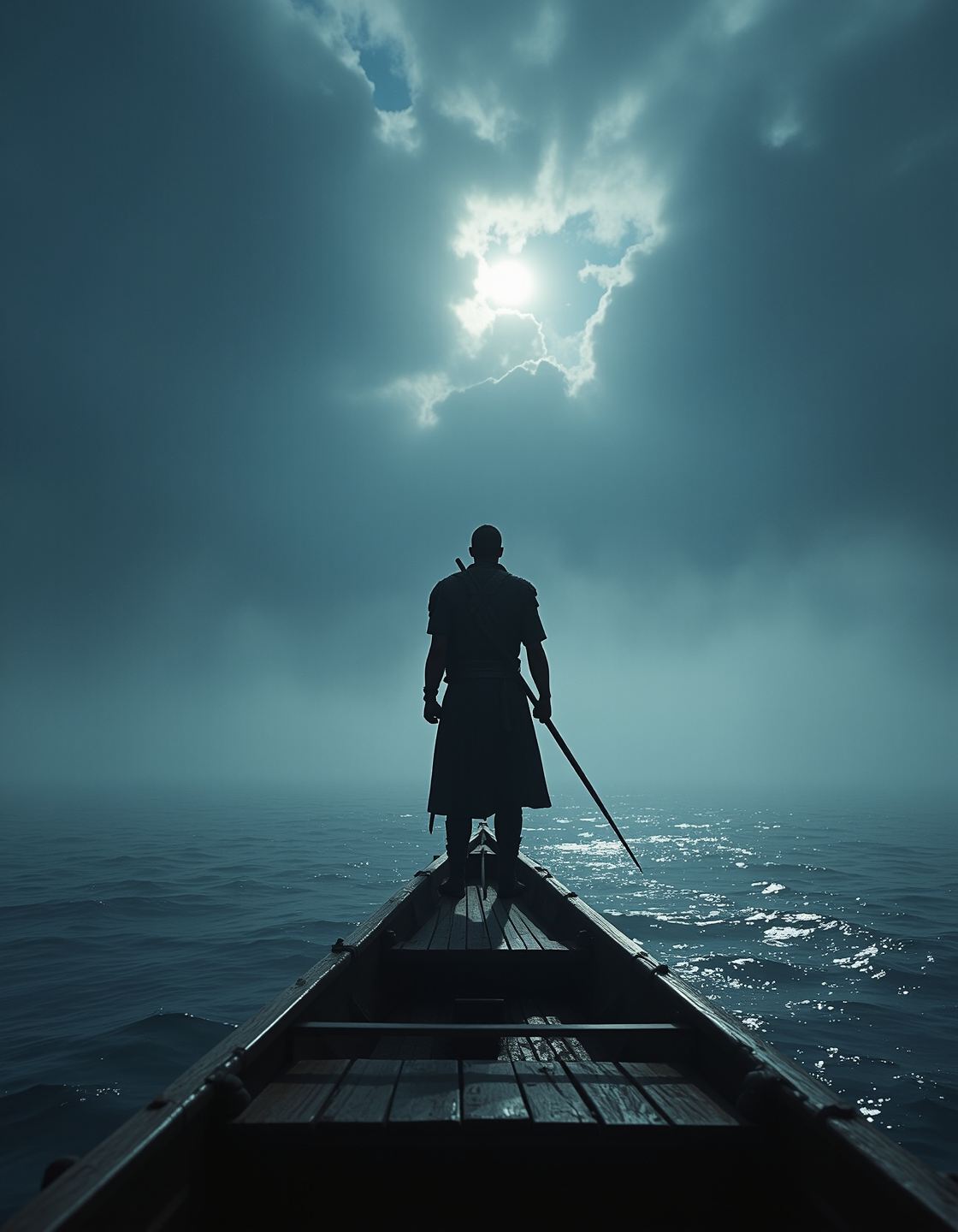 Imagine an image of a lone Viking warrior standing at the prow of a longship, mist rolling over the dark sea.