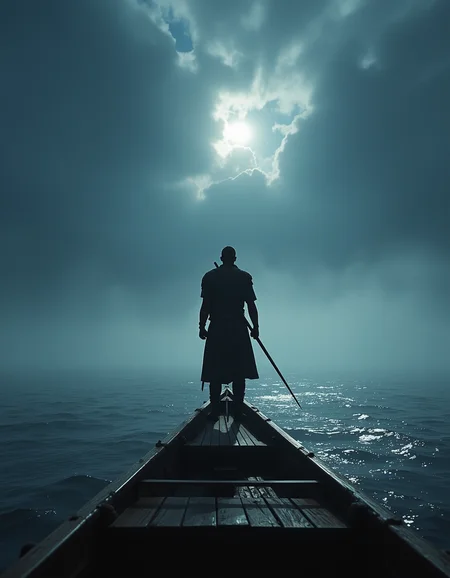 Imagine an image of a lone Viking warrior standing at the prow of a longship, mist rolling over the dark sea.