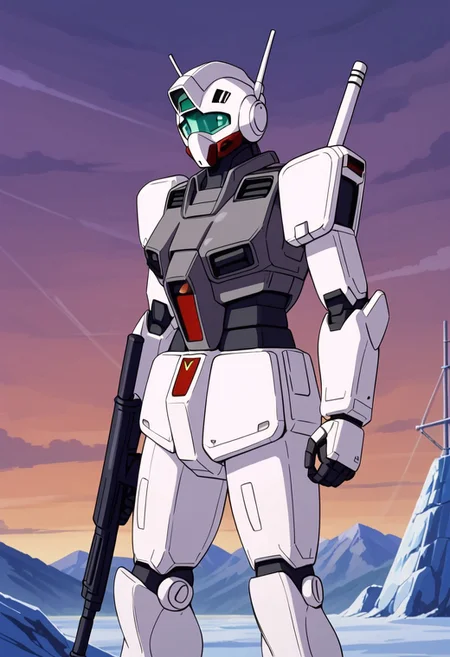 score_9, score_8_up, score_7_up, source_anime, cowboy shot, side view, BREAK, ( gm_cold_districts_type, looking to the side, rifle, aiming to the side, ) 1mech, mech focus, solo, BREAK, antarctic base, damaged silo, stormy sky, ice cliffs,