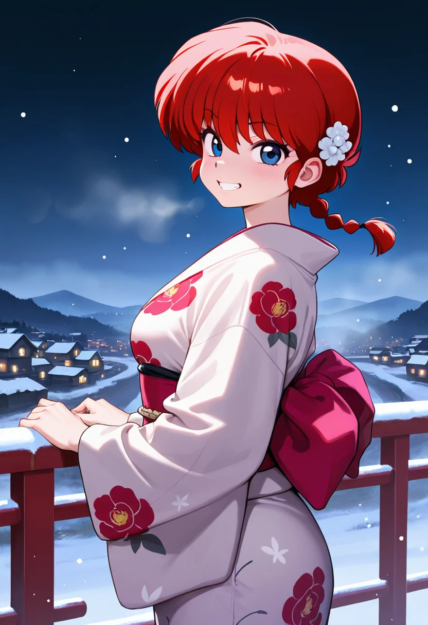 ranma, red hair, masterpiece, best quality, amazing quality, ultra detailed, solo, 1girl, adult, print kimono, hair ornament, night, particles, grin, looking at viewer, snow, cowboy shot, from side, handrail, valley, town, fog,