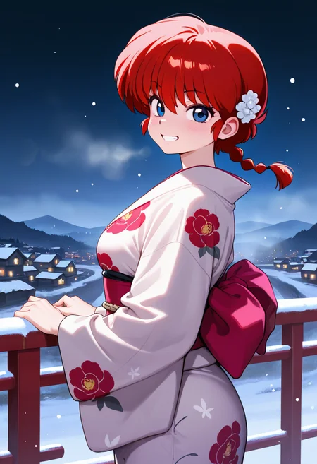 ranma, red hair, masterpiece, best quality, amazing quality, ultra detailed, solo, 1girl, adult, print kimono, hair ornament, night, particles, grin, looking at viewer, snow, cowboy shot, from side, handrail, valley, town, fog,