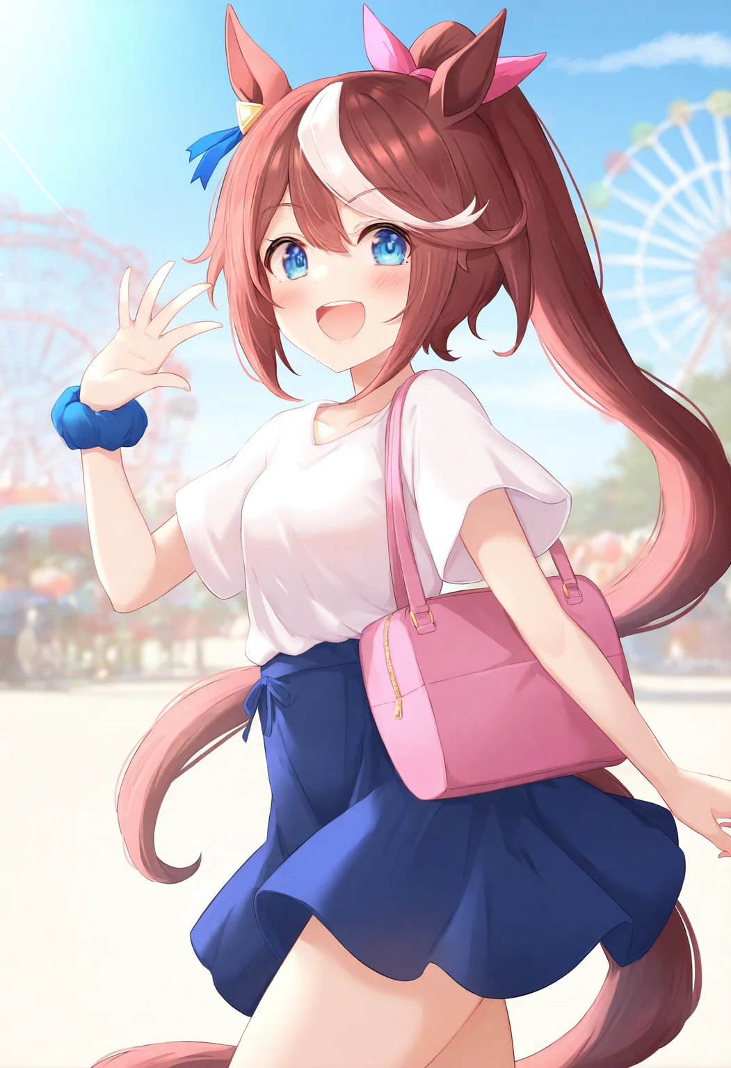 <lora:flash1_noob1.1-000072:1>,
1girl, tail, animal ears, tokai teio \(umamusume\), horse ears, horse tail, horse girl, brown hair, long hair, blue eyes, skirt, shirt, multicolored hair, white hair, smile, streaked hair, white shirt, amusement park, ponytail, short sleeves, open mouth, looking at viewer, ferris wheel, bag, hairband, blush, shoulder bag, wrist scrunchie, blue skirt, solo, scrunchie, breasts, :d, outdoors, very long hair, two-tone hair, high ponytail,
masterpiece,best quality,newest,absurdres,highres,very awa,
