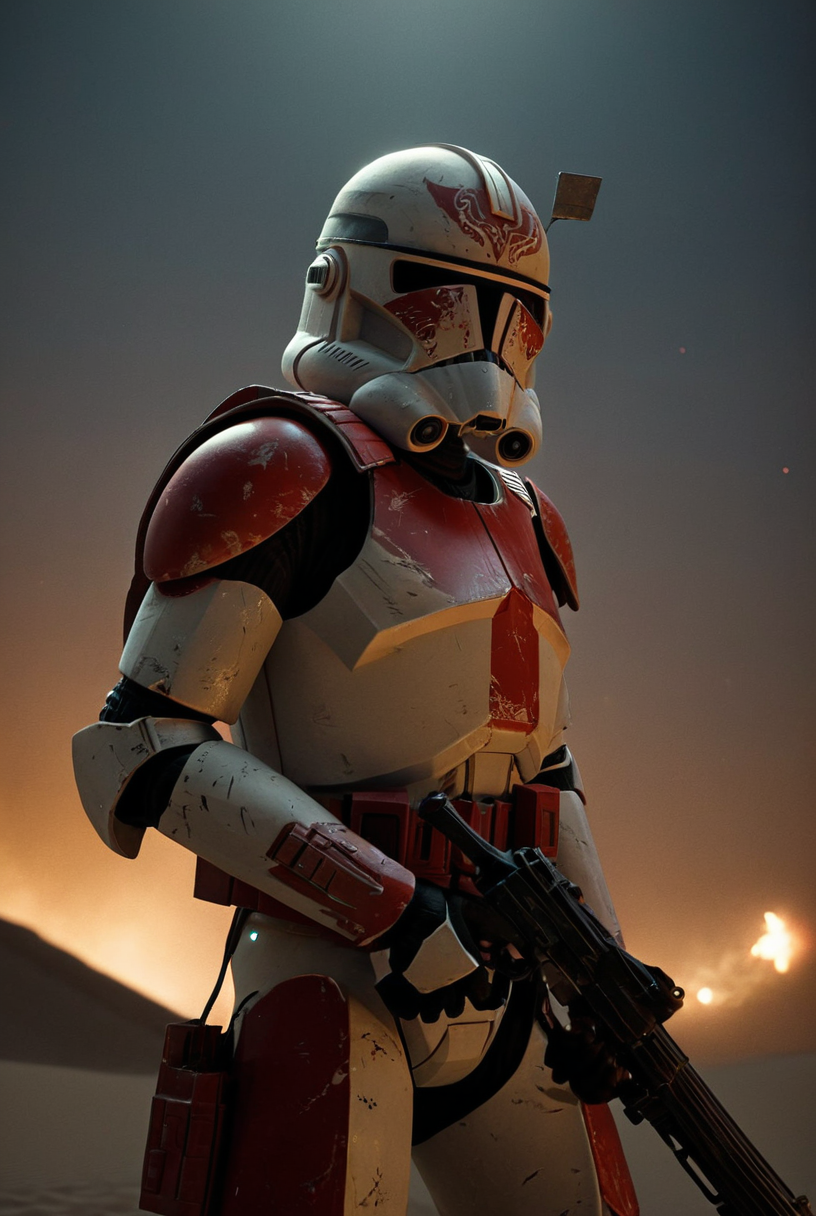 7-Phase2, 1boy, sneaking,  holding gun, military, explosions, detailed weapon, shoulder armour
night time, stars, nebulas, desert, bones, black sand, windy, dust storm, red armour
[strong lighting, cinematic masterpiece, highly detailed armour,  realistic armour, legendary, hyperrealism]
  <lora:Clone Armour Phase 2 v1.0:0.9>