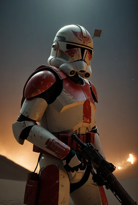 7-Phase2, 1boy, sneaking,  holding gun, military, explosions, detailed weapon, shoulder armour
night time, stars, nebulas, desert, bones, black sand, windy, dust storm, red armour
[strong lighting, cinematic masterpiece, highly detailed armour,  realistic armour, legendary, hyperrealism]
  <lora:Clone Armour Phase 2 v1.0:0.9>