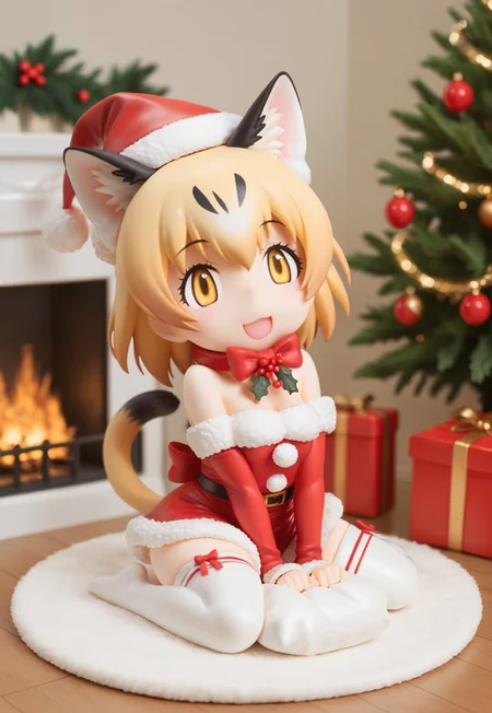 1girl, ((solo)), best quality, ultra-detailed, extremely detailed, perfect anatomy, masterpiece, score_9, score_8_up, score_7_up, Expressiveh, sand cat \(kemono friends\), 1girl, cat girl, cat ears, blonde hair, short hair, yellow eyes, cat tail, elbow gloves, bowtie, christmas tree, christmas decoration, christmas ornaments, underneath Christmas tree background, indoors, santa cosplay, santa outfit, santa hat, santa's sack, Christmas outfit, giant sack of presents, fully clothed, Christmas themed thighhighs, thighhighs, santa's sack of presents, red ribbon collar, Christmas presents, Christmas themed, living room, fireplace, (chibi), looking at viewer, smiling, eager, excited, happy, cute, adorable, surprised, hearts, tail_accessory, mistletoe_on_tail, mistletoe, dynamic lighting, looking at viewer, sitting, posing,