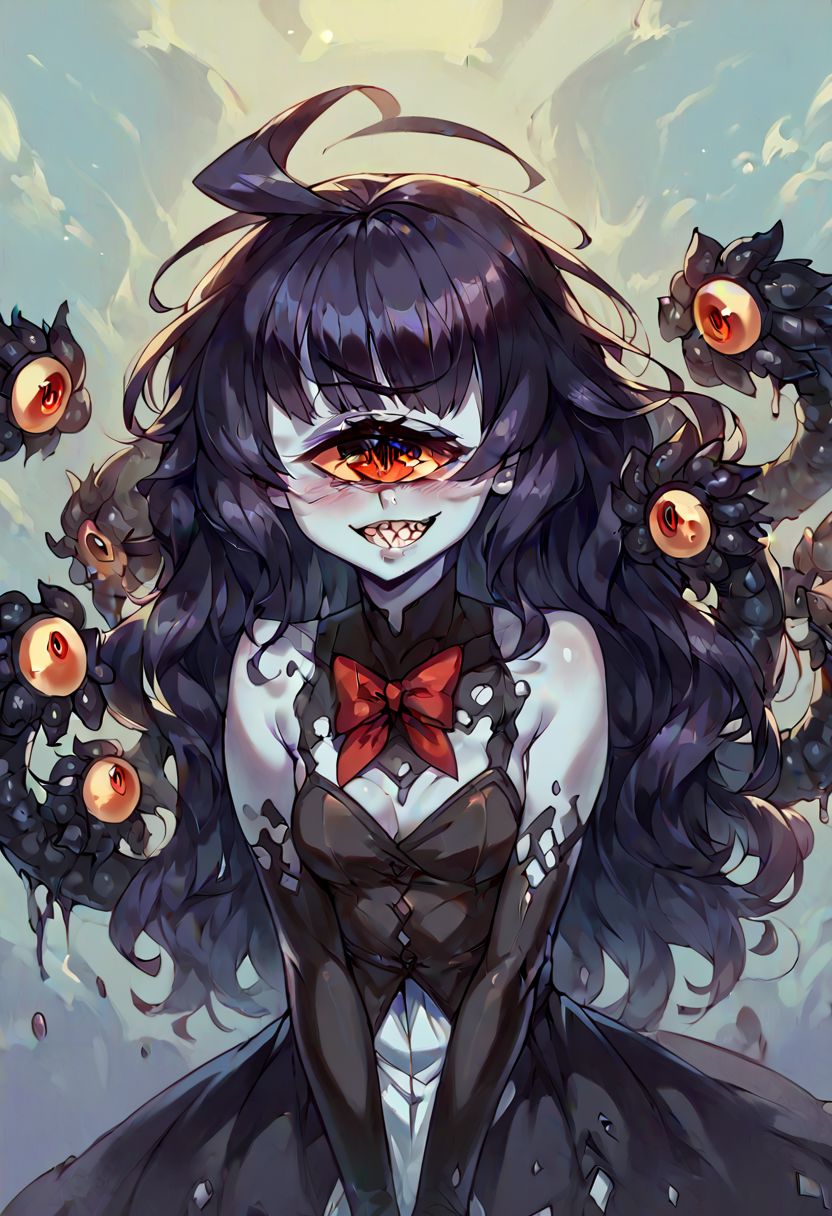 score_9, score_8_up, score_7_up, score_6_up, score_5_up, score_4_up, source_anime <lora:4b97sc:0.8>  perfect cute gazer (monter girl enciclopedy) girl, gorgeous eyes, full lips, portrait, shy smile, dark skin, monster girl, one eye, cyclop.