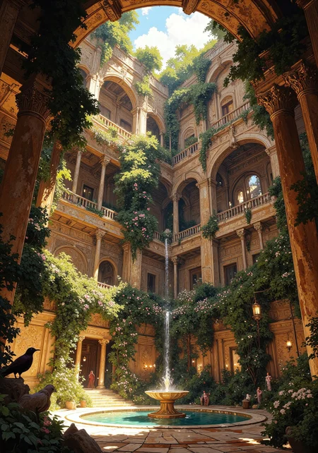 Masterpiece, best quality, ultra-detailed, 8k, masterpiece, best quality, ultra-detailed, 8k, an epic fantasy interior of the Hanging Gardens of Babylon — a vast open courtyard enclosed by towering stone walls overgrown with vines, ferns, and blooming flowers. Sunlight streams down through a massive open ceiling or skylight, illuminating hanging plants and ivy-draped columns. Crystal-clear pools reflect the foliage, while ancient mosaics and golden Babylonian motifs adorn the walls. Birds perch on marble railings, and a gentle waterfall cascades into an inner garden fountain. Magical, tranquil atmosphere, lush and ancient, golden-hour lighting, cinematic depth, Epic fantasy, cinematic lighting, atmospheric haze, grand scale, wide-angle composition. Art by Raphael Lacoste and Craig Mullins, Studio Ghibli color palette. The atmosphere is grand and cinematic. Highly detailed, dramatic lighting, epic historical painting, 8K, sharp focus. Ultra-detailed, cinematic lighting, dark fantasy, moody atmosphere, high contrast, hyper-realistic textures. DB4RZ, DB4RZ style painting, Anime art