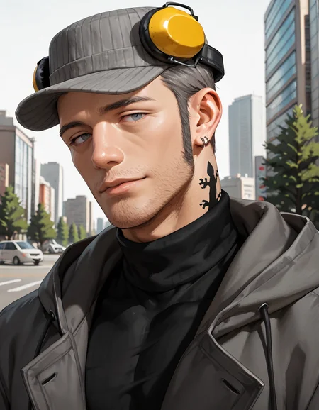 masterpiece, best quality, absurdres, newest, perfect quality, best quality, absolutely eye-catching, detailed background, intricate details, male focus, realistic, solo, <lora:Persona 5 - Munehisa Iwai - Illustrious 2_1-000006:0.7>, m_iwai, 1boy, mature male, grey hair, grey eyes, long sideburns, stubble, neck tattoo, pinstripe hat, ear protection, grey long coat, black turtleneck, hood down, head tilt, come hither, looking at viewer, outdoors, city, trees, portrait, standing