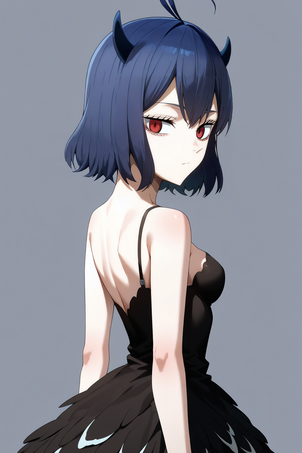 sharp focus, pixiv masterpiece, source_anime, score_9, score_8_up,  score_7_up,  absurd res, high res, BREAK
Secre_Swall0wtail_XL, 1girl, solo, <lora:Secre_Swallowtail_Illustrious_v53-000017:1> , dark-blue hair, red eyes, simple background, white background, dark_blue_sleeveless_dress, cowboy shot, small breasts