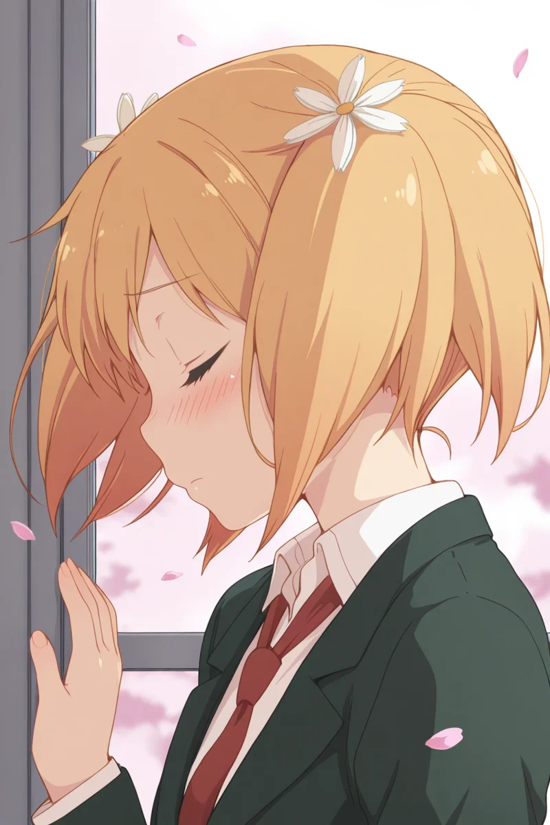 masterpiece, best quality, amazing quality,
 <lora:Yuu_IL:1> yuu, 1girl, hair flower, flower, hair ornament, closed eyes, blush, solo, blonde hair, school uniform, twintails, necktie, petals, short hair, profile, blazer