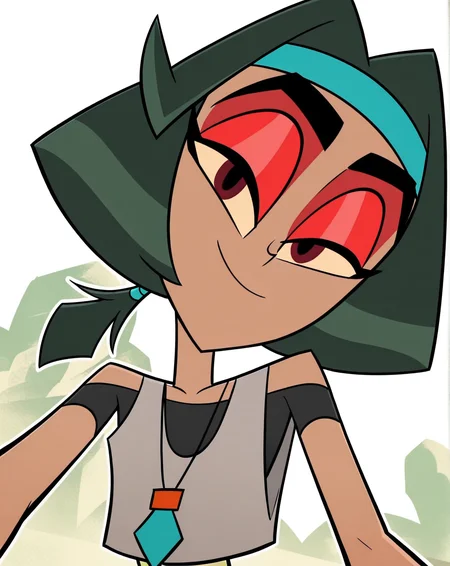 score_9, score_8_up, score_7_up, BW_zyn, 1girl, solo, brown skin, dark red eyes, dark green hair, twintails, medium hair, red eyeshadow, headband, bracelet, necklace, black body suit, bandages, grey tank top, pov, from below, (smile, dutch angle, naughty pose, looking at viewer, outside, western background, cowboy, solo, dynamic pose, full_body, head tilt,),((white background, White frame, white outline))