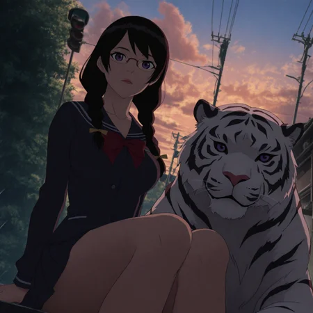 safe_pos, intersection, street lights, traffic signals, sky, dusk, cloud, scenery,

straight on,low view, hanekawa tsubasa, 1girl, purple eyes,  glasses,black hair,twin braids,large breasts, school uniform, (Sitting on a white tiger), huge tiger,Sitting sideways, long hair, looking at viewer, Cinematic Lighting, red dusk lighting, gradient sky, 

outdoors, soft lighting, solo, dutch angle, illuminated face, frontlighting, masterpiece, best quality, very aesthetic, absurdres, amazing quality, 1girl, by sakuraba yuuki, by nagishiro mito, by guweiz, by unfair, 