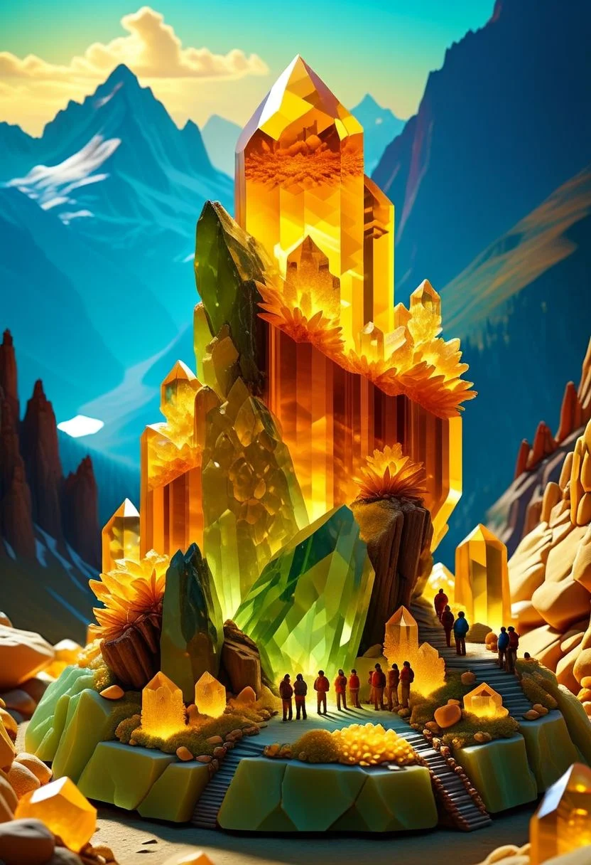 ispzxll, diorama, isometric, miniature, volumetric lighting style, intricate details, massive citrine crystal formation, natural setting, mountains in background, crowds of people gathered, tourists, cameras