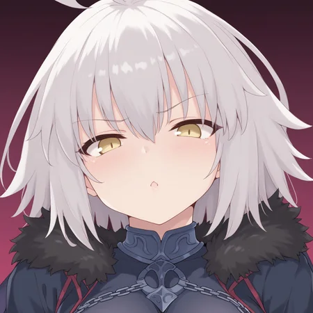 score_9, 1girl, jalter, white hair, yellow eyes, ahoge, solo