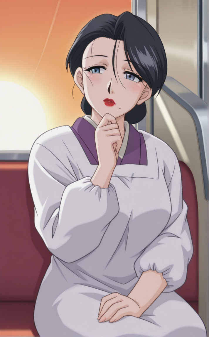 masterpiece, best quality, insaneres, absurdres,train interior, sitting, window, sunset, head tilt, thinking,  <lora:ILLUSTXL_MistreatedBride_SumieTakayanagi_ownwaifu:1>, BREAK WhiteApron_SumieTakayanagi_ownwaifu, 1girl, black hair, breasts, grey eyes, japanese clothes, lipstick, makeup, mature female, mole under mouth, red lips, white apron, kimono, single hair bun, apron, kappougi, hair between eyes, large breasts,