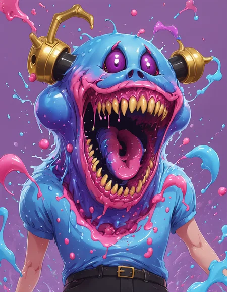 <lora:brho:0.5>brho, creature opening mouth wide showing sharp teeth and ripped cheeks, blue and pink goo covering ears, black and gold eyes, pink slime splashing everywhere, purple blue shirt with bell shoulders and trap design, candy cannisters on hip, purple goo splash