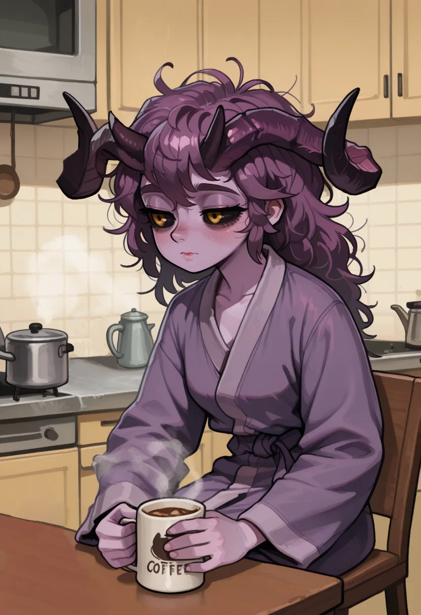 masterpiece, high quality, amazing detail,
1girl, solo,
ss-d3sd3m-illu, demon girl, black sclera, yellow eyes, horns, colored skin, purple skin,
purple bathrobe, purple long hait, messy hair, tired, coffee mug, steam,
sitting, kitchen, table,
<lora:Desire_DemonDragon_Age_-_ILLU_by_SulfurSniffer:0.7>, <lora:rifleman_style:1> r1f13style,