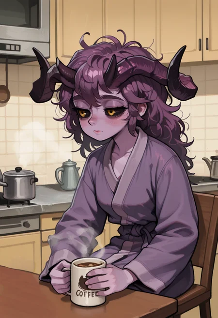 masterpiece, high quality, amazing detail,
1girl, solo,
ss-d3sd3m-illu, demon girl, black sclera, yellow eyes, horns, colored skin, purple skin,
purple bathrobe, purple long hait, messy hair, tired, coffee mug, steam,
sitting, kitchen, table,
<lora:Desire_DemonDragon_Age_-_ILLU_by_SulfurSniffer:0.7>, <lora:rifleman_style:1> r1f13style,
