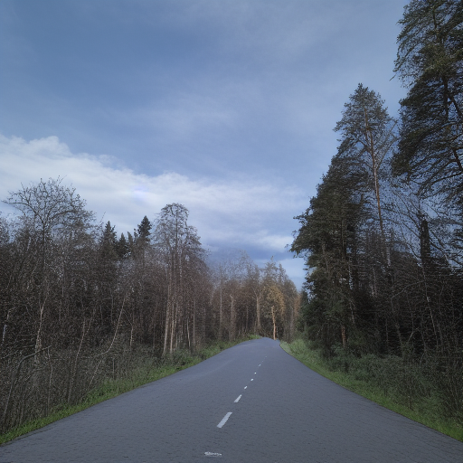 spot color, monochrome, traditional media, blue sky, tree, cloud, dutch angle, road, forest