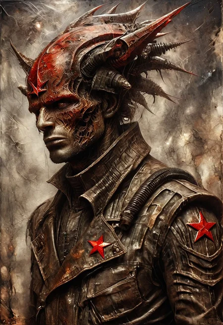 Space warrior portrait oil stains mixed with (((doom sleer))) caste. wearing a Soviet space suit with a red star on the helmet,USSR, H. R. Giger style but depicted as an oil painting, solo portrait, oil painting, masterpiece,best quality,style of H. R. Giger.